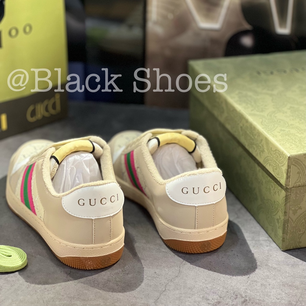 Giày Thể Thao Gucci Screener Leather Sneakers Phối Màu Hồng Xanh Lá GG Beige Pink Green Cao Cấp White Lamé'2C830-9150