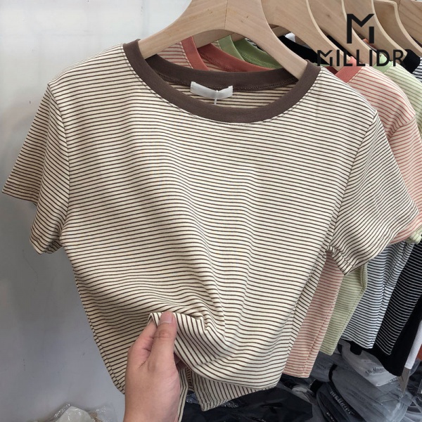 Áo thun tay ngắn họa tiết kẻ sọc ngang làm từ cotton mỏng thời trang mùa hè Hàn Quốc 2022 dễ phối đồ dành cho nữ