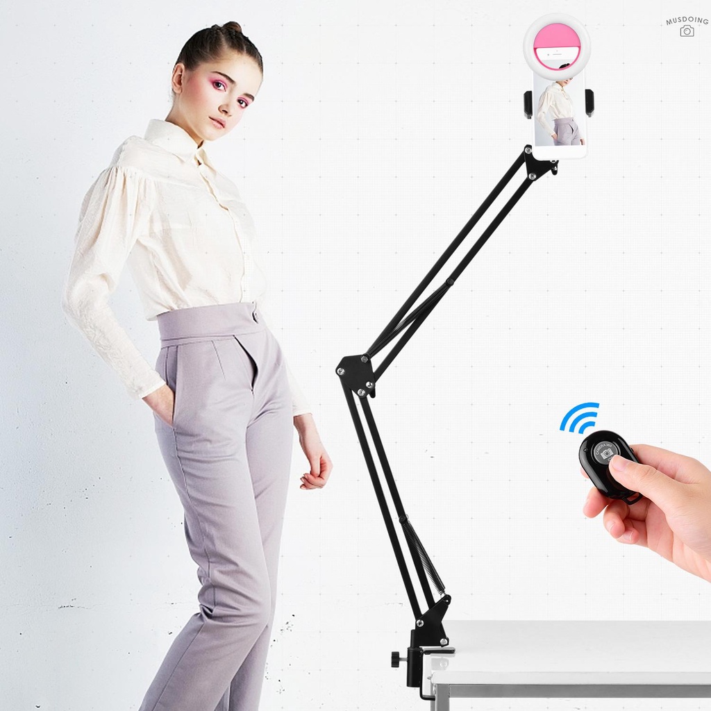 ღ  Adjustable Metal Stand Suspension Scissor Arm Bracket + Phone Holder + Ballhead Adapter + Mini LED Light + Remote Control for YouTube Live Video Recording Network Broadcast Online Singing Chatting