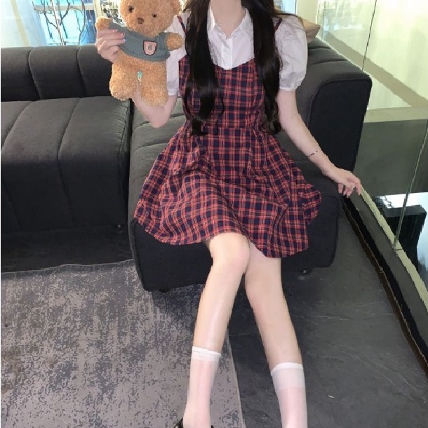 Đầm Tay Phồng Giả Hai Lớp Họa Tiết Sọc Caro Thời Trang Phong Cách Hàn Quốc Cho Nữ