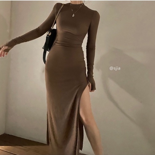 ĐẦM BODY THUN DÀI CỔ CAO XẺ TÀ TAY XỎ NGÓN SEXY - BODYCON DRESS COTI OFFICIAL