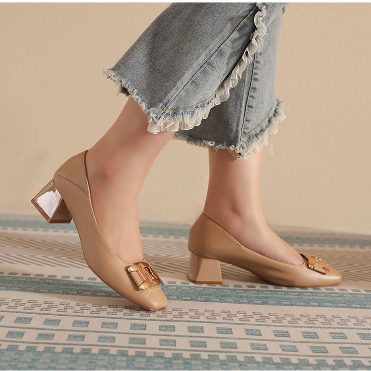 Giày Cao Gót Mũi Vuông Đế Dày Phối Khóa Kim Loại Phong Cách Hàn Quốc Size 32 33 34