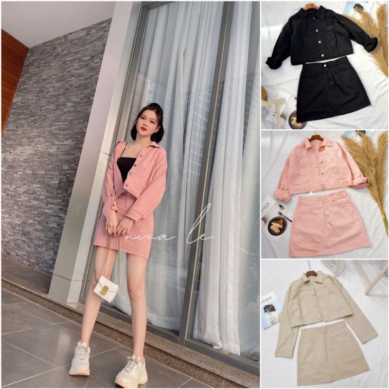 ẢNH THẬT - SET ÁO KHOÁC KAKI + CHÂN VÁY KAKI ĐEN / HỒNG / NUDE