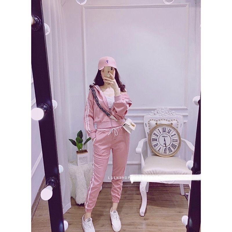 Set đồ thể thao hàng phi lụa có nón tay dài