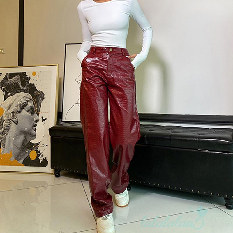 Quần da ống rộng lưng cao phối túi thời trang xuân thu dành cho nữ | BigBuy360 - bigbuy360.vn