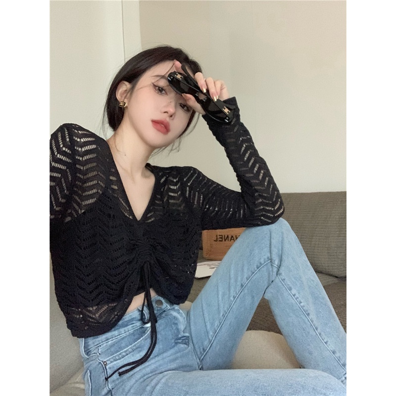 Porozi Áo kiểu  dệt kim mỏng khoét lỗ tay dài cổ chữ V phong cách Hàn Quốc thời trang dành cho nữ