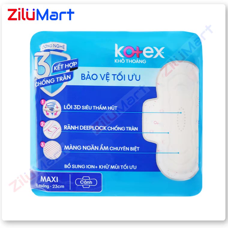 Gói 8 miếng Băng vệ sinh Kotex Maxi có cánh khô thoáng