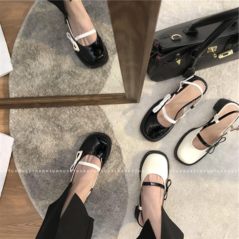 Giày Sandal Nữ Mary Jane Da Bóng Gót Vuông Phối Nơ Thời Trang - SA013