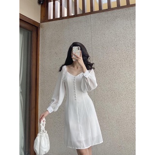 Đầm voan tơ nút bọc tay dài