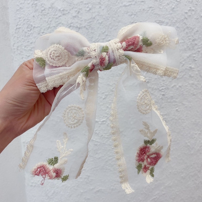 Kẹp tóc nơ thêu hoa tiểu thư ngọt ngào nữ tính cho nữ kẹp tóc nơ sau đầu xinh xắn dễ thương phong cách Hàn Quốc