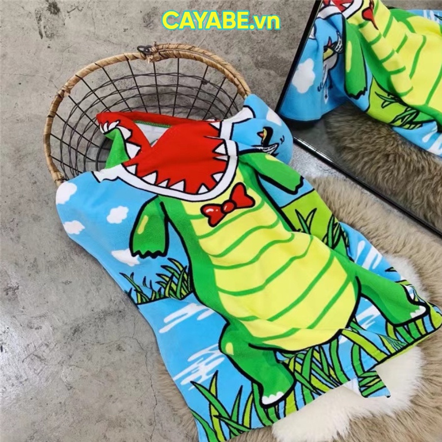 Khăn tắm choàng cho bé size LỚN CAYABE đi bơi, đi biển có mũ trùm đầu khủng long xanh lá (tặng túi rút tiện lợi)