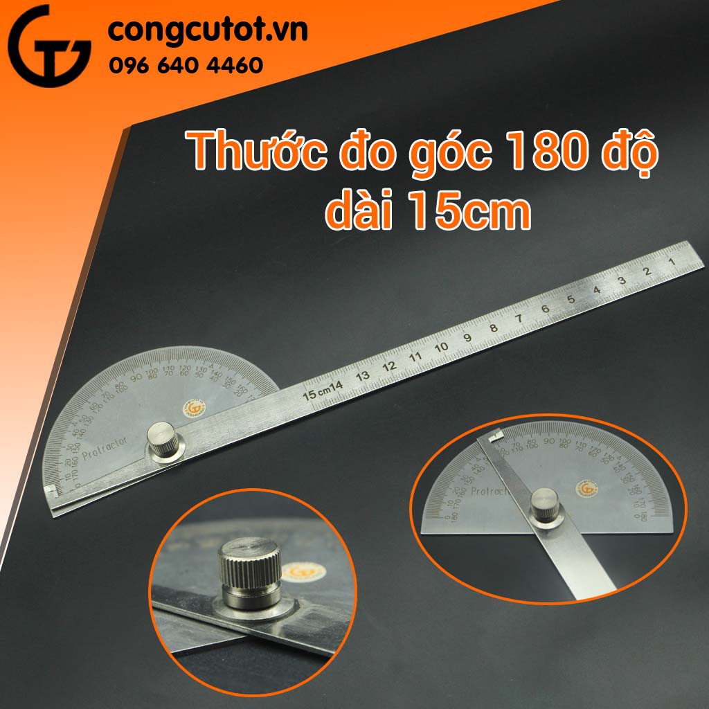 Thước đo góc 180 độ dài 15cm bằng thép Stainless cao cấp, không gỉ