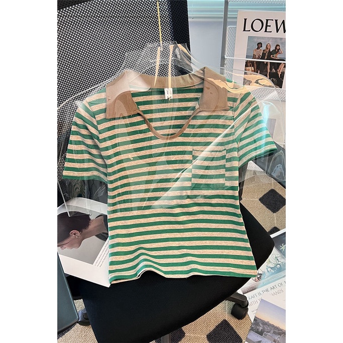 Áo Thun Nữ Ngắn Tay Cổ Chữ V Họa Tiết Sọc Ngang Thời Trang