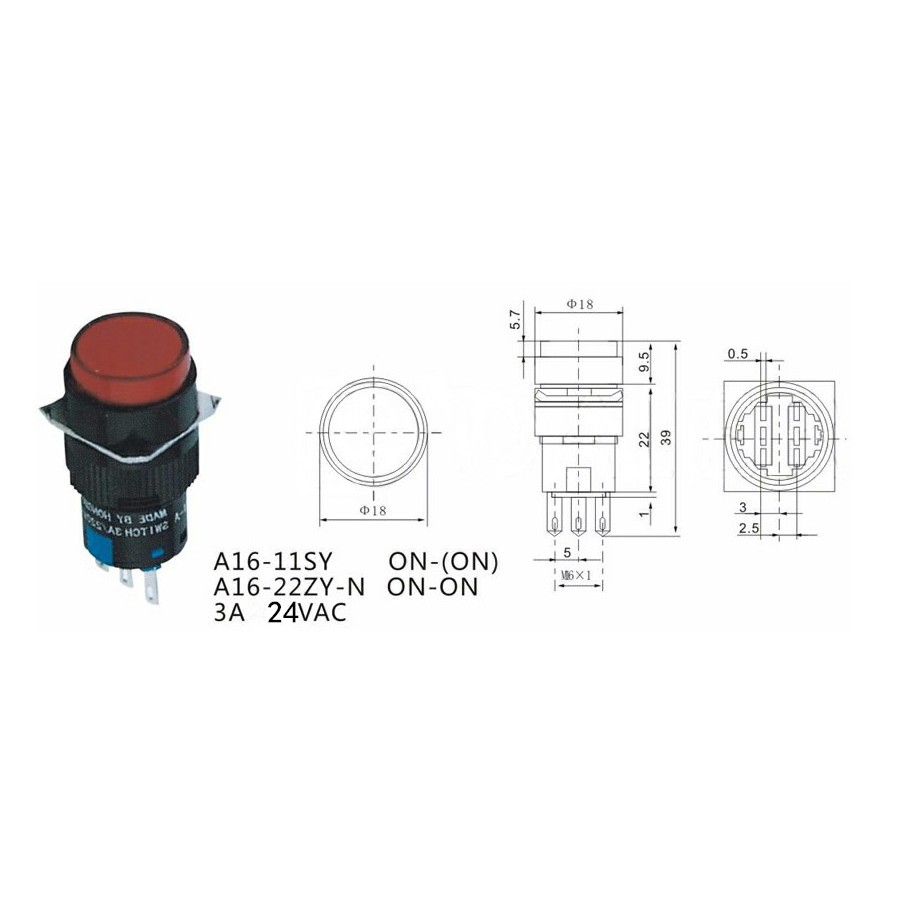 Công tắc nhựa tròn 16mm có LED báo hiệu 12V ô tô xe máy tàu thuyền LIMO tủ điện