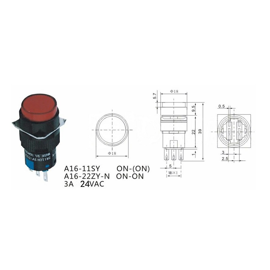 Công tắc nhựa 16mm có LED báo hiệu 12V 220V ô tô xe máy tàu thuyền LIMO tủ điện