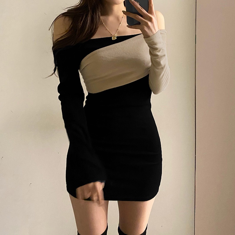 (ORDER) Váy thun dài tay phối 2 màu trễ vai ôm body tôn dáng style sang chảnh cá tính Hàn Quốc