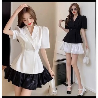 Set vest mix chân váy tơ bồng, Set vest mix chân váy hai màu trắng đen. Set áo vest mix chân váy tơ bồng hot tiktok
