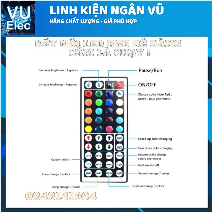 Bộ điều khiển led RGB full COLOR 10m ( 1 jack) hồng ngoại RGB DC12V 6A 44 phím ( 44 keys) đèn LED 5050RGB 3528RGB