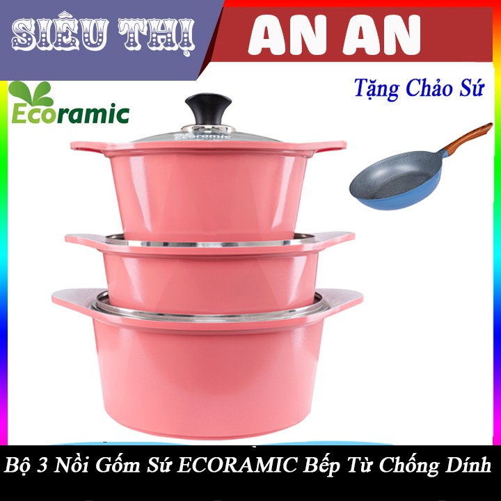 Bộ 3 nồi gốm sứ ECORAMIC bếp từ chống dính size 20 22 24cm màu xanh tặng 2 nhắc nồi sillicon, chảo sứ 22cm hộp thủy tinh