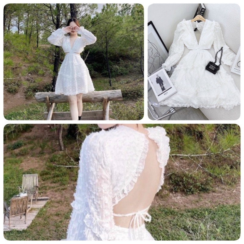 Đầm trắng tay dài cut out lưng