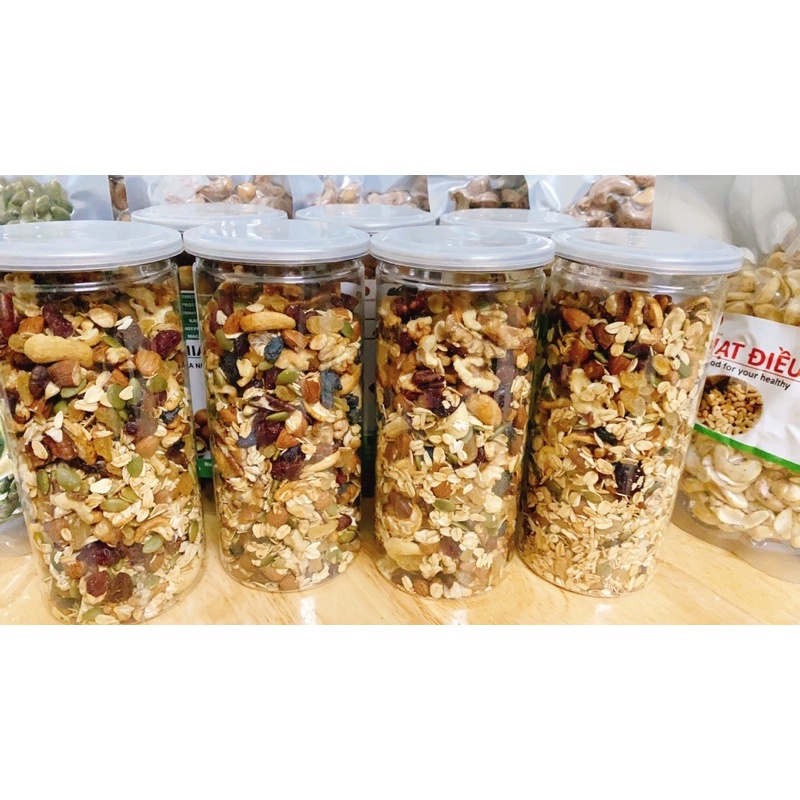 Granola mix 9 loại hạt: hạnh nhân, hồ đào, óc chó, nhân hạt bí, hạt điều, nho khô 3 màu, yến mạch, kiwi, nam việt quất