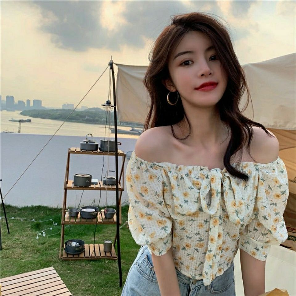 Áo Croptop Tay Phồng Ngắn In Hoa Kiểu Pháp Dễ Thương Cho Nữ