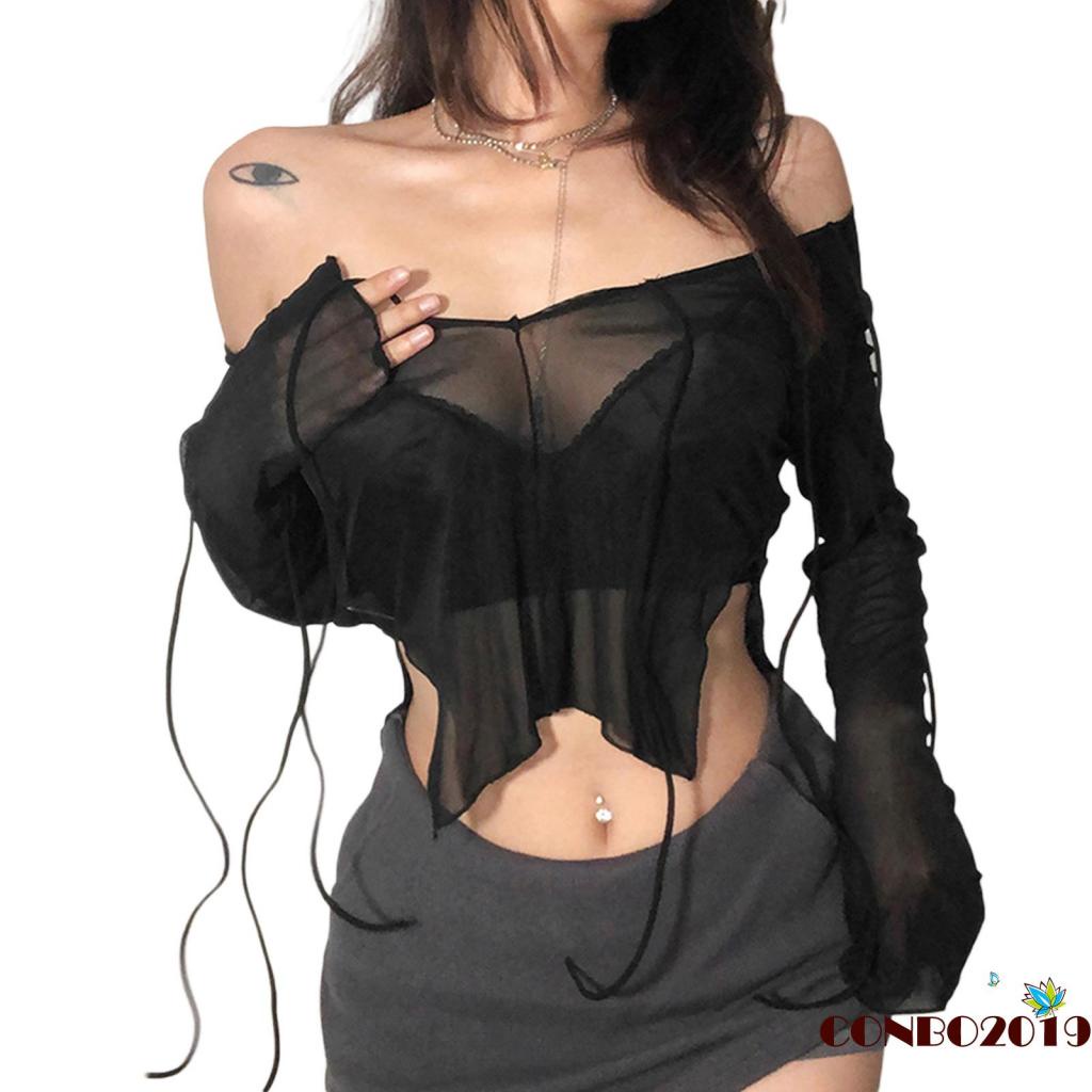 Áo Thun Tay Dài Phối Lưới Có Dây Điều Chỉnh Màu Sắc Thời Trang Quyến Rũ Cho Nữ