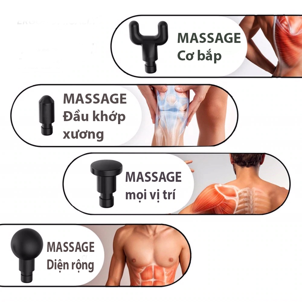 Máy mát xa cầm tay mini Massage Gun 6 cấp độ, giúp giảm đau cơ cứng khớp, đi kèm 4 đầu mát xa chuyên dụng