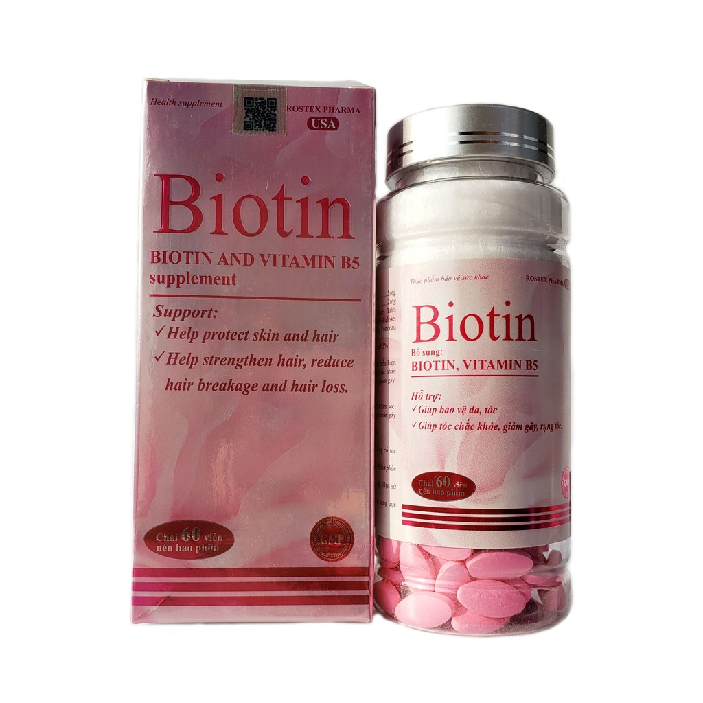Viên uống bổ sung Biotin, Vitamin B5 giúp tóc chắc khỏe, giảm gãy rụng tóc, bảo vệ da tóc Hộp 60 viên