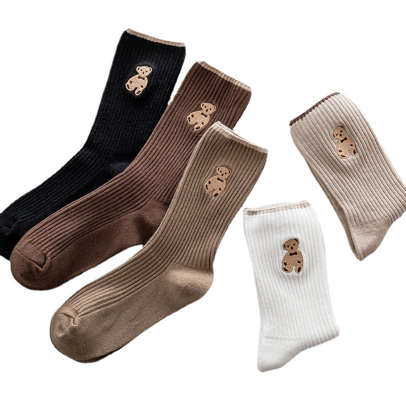 Set 5 đôi tất cổ cao cho nữ thêu hình gấu Teddy chất liệu cotton dệt kim phong cách Hàn Quốc