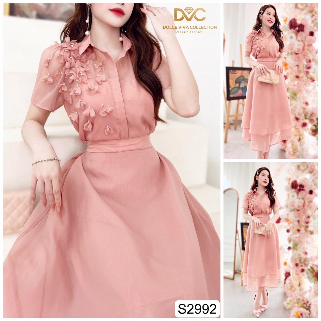 DVC- Sét áo sơ mi kèm chân váy hồng xoè thiết kế cao cấp S2992
