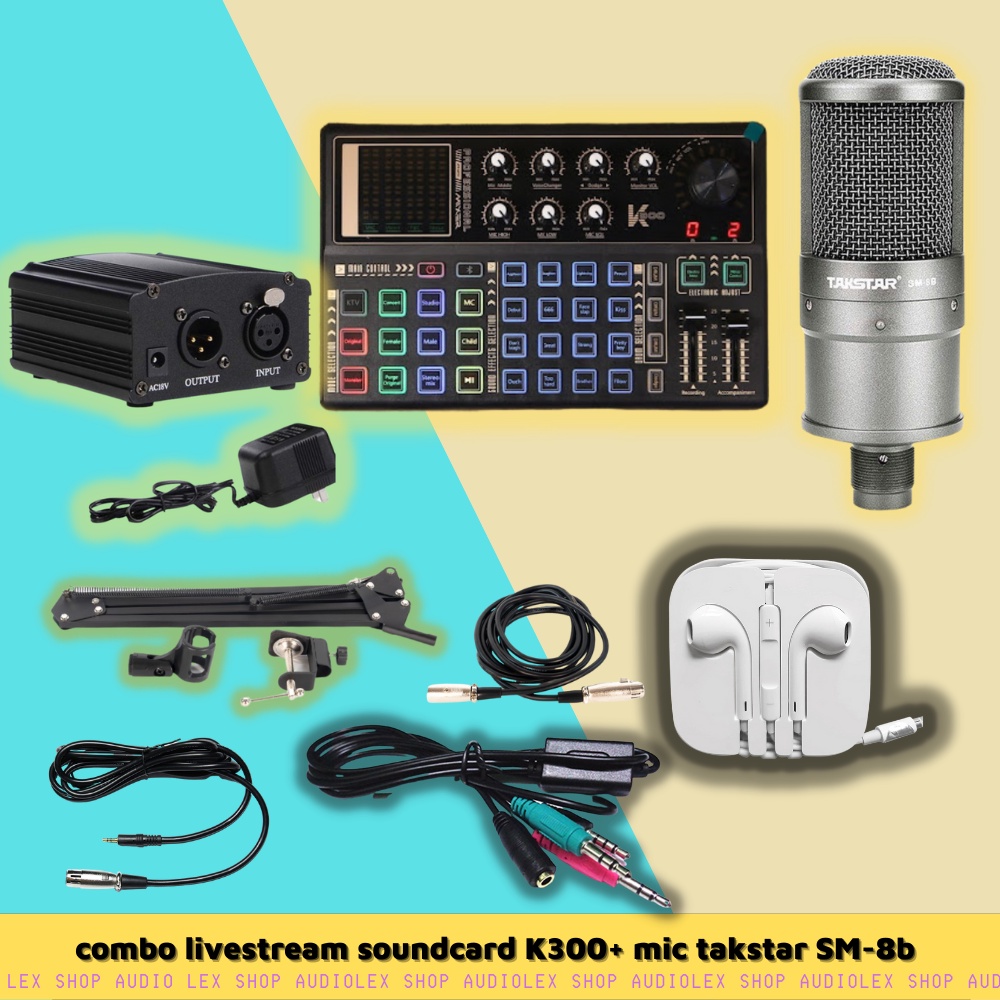 combo livestream giá rẻ chất lượng cao soundcard điện tử K300 + mic takstar SM8B và phụ kiện,tai nghe