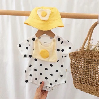 (Ảnh thật) Set body cho bé chấm bi trứng ốp la kèm yếm và mũ vành dễ thương (Không kèm tất)
