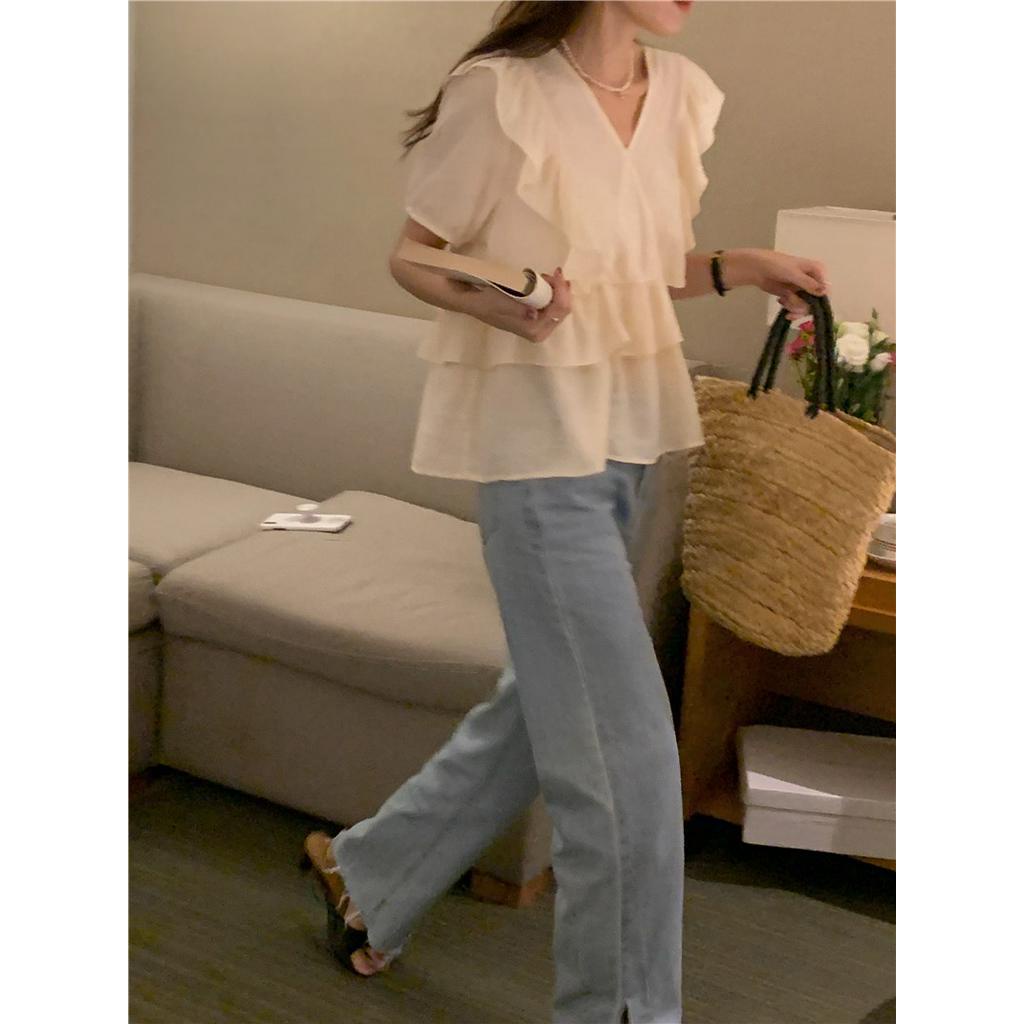Áo Sơ Mi Nữ Cổ Chữ V Tay Ngắn Xếp Li 51490