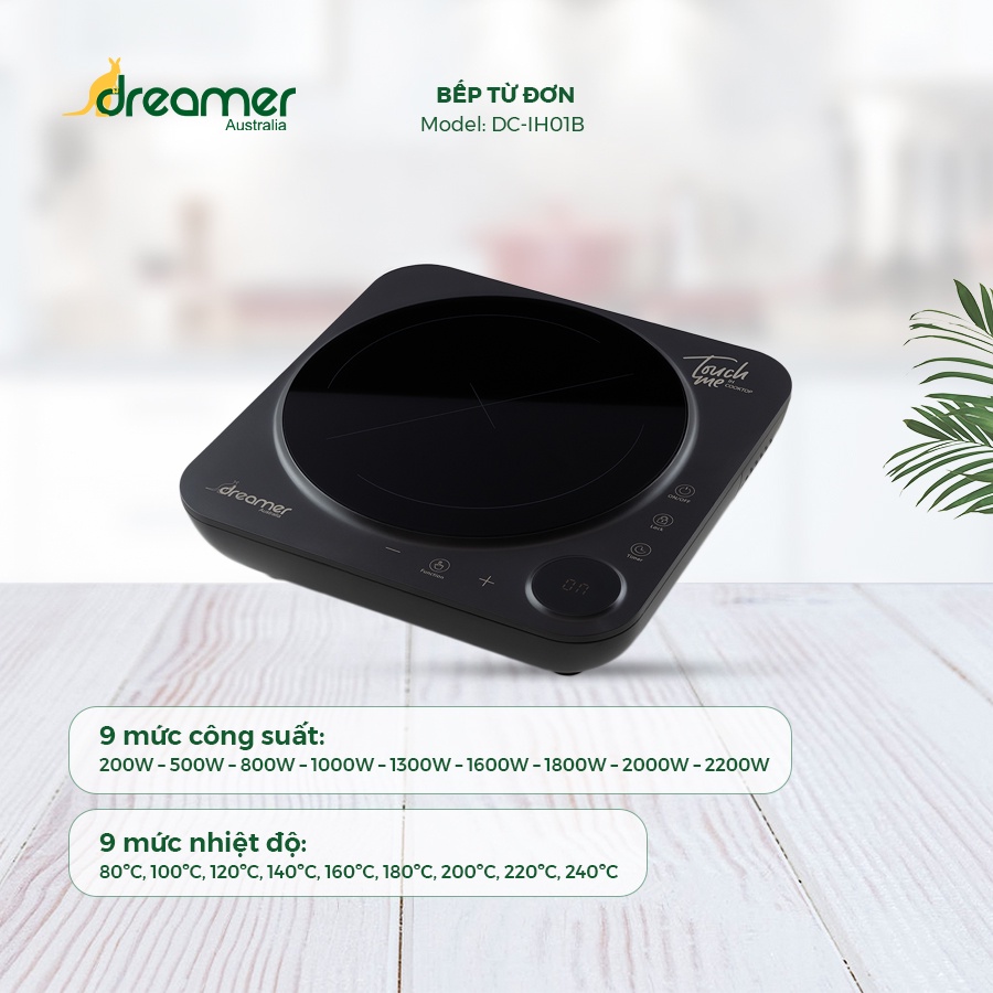 Bếp Từ Đơn Dreamer DC-IH01 Đen 2200W, Chống Tràn, Cảnh Báo Nhiệt Dư, Khóa Trẻ Em, Bảo Hành 12 Tháng-