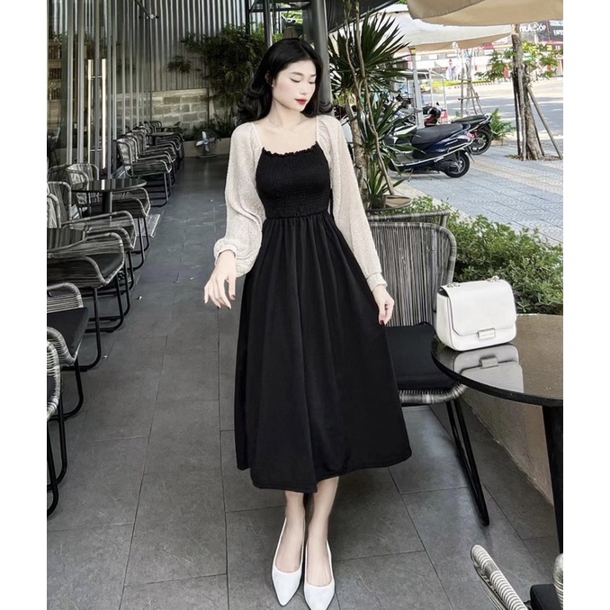 VÁY ĐEN PHỐI TAY ÁO CHẤM BI DÀI CAO CẤP (ảnh tự chụp 100%)