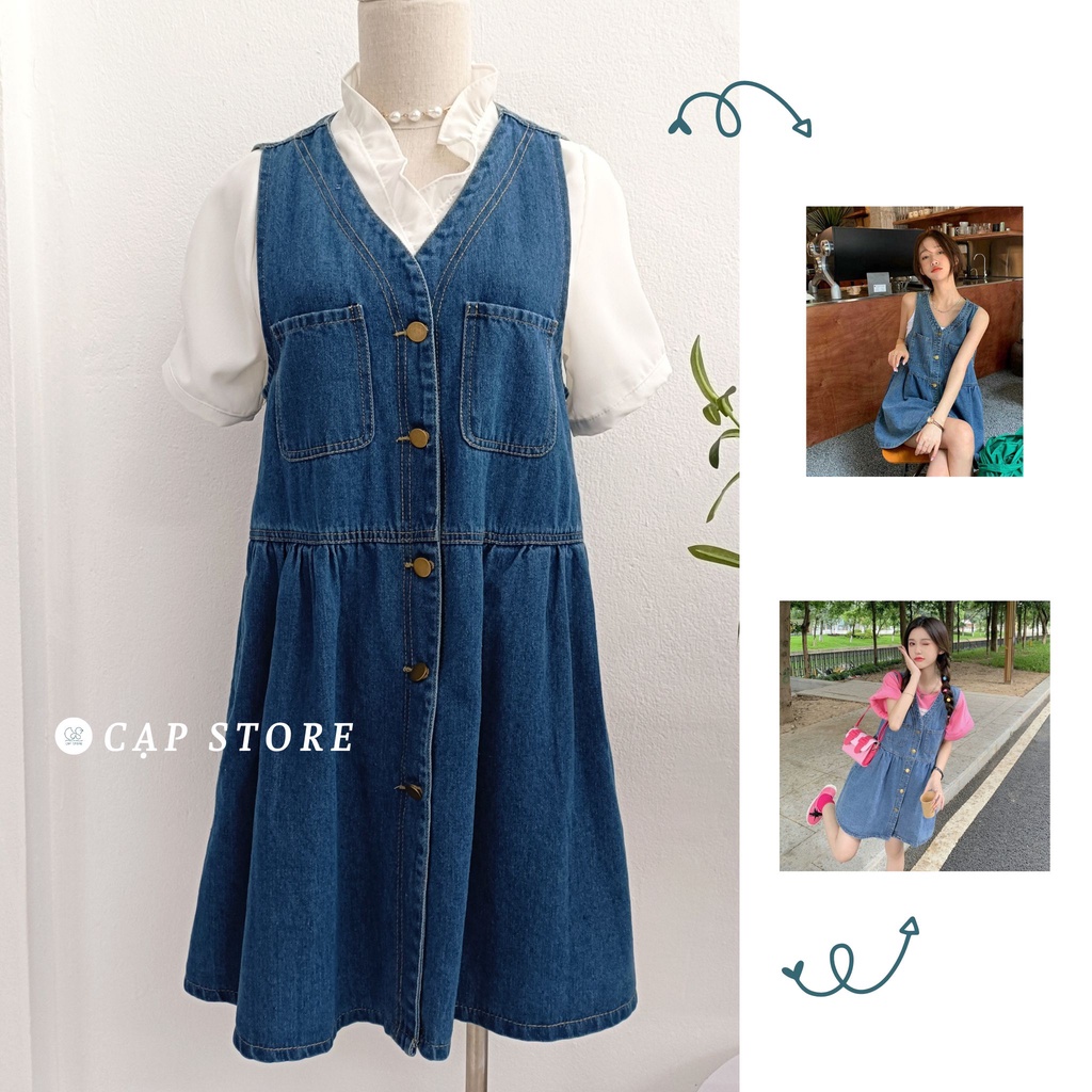 Đầm denim ngắn không tay cổ V Hàn Quốc kết hợp nhiều kiểu ( ảnh thật)