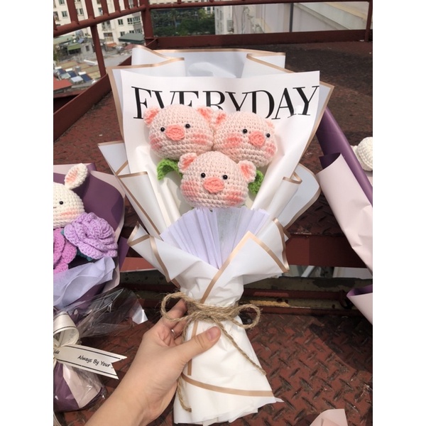 Bó hoa đầu heo làm bằng len Handmade hàng có sẵn