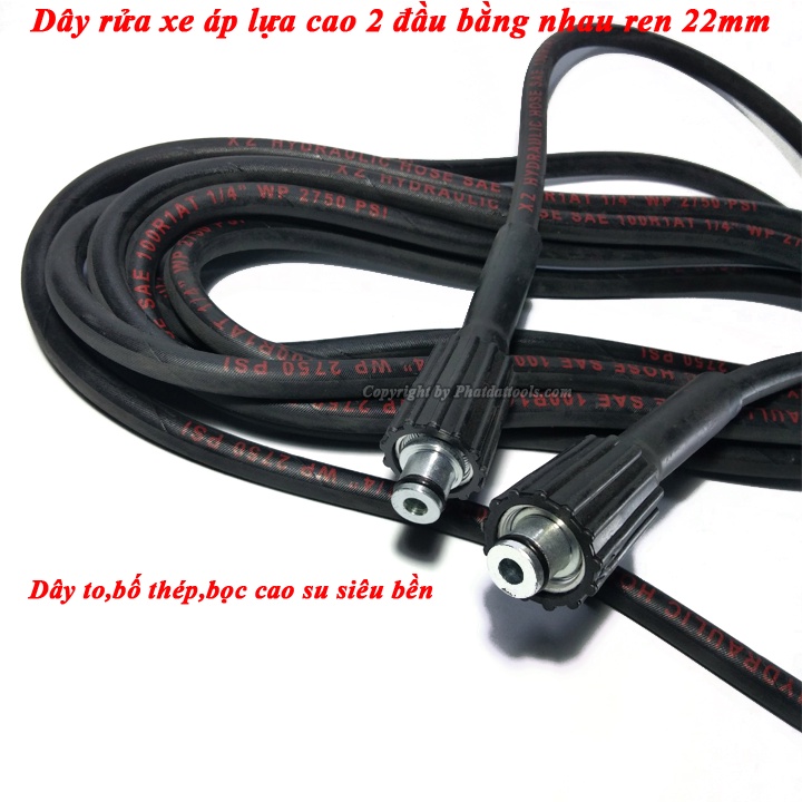 Dây áp lực cao 10m đen 2 đầu ren 22 dùng cho máy rửa xe áp lực cao-Tặng kép nối dài dây rửa xe ren 22