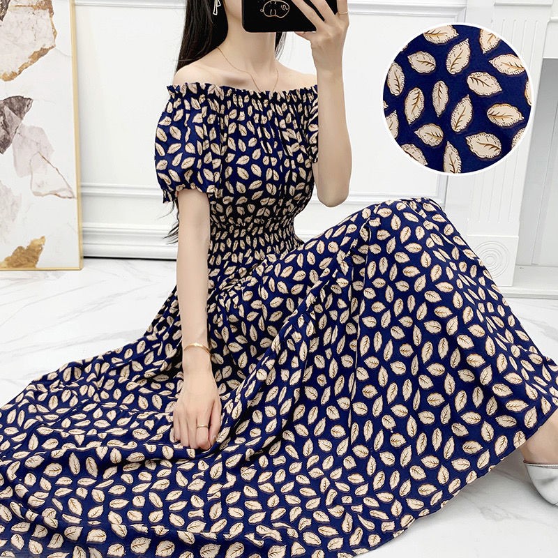 Váy dáng dài Váy maxi nữ Váy suông Summer new one Váy lụa cotton trễ vai 2021 tính khí hai mặc giảm eo dài tay