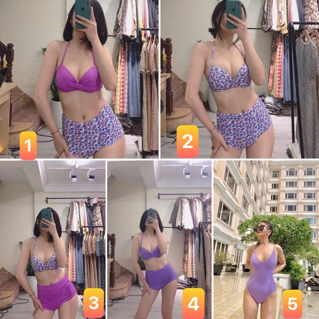 Bikini 2 mảnh tím nâng ngực phối hoa nhí đẹp