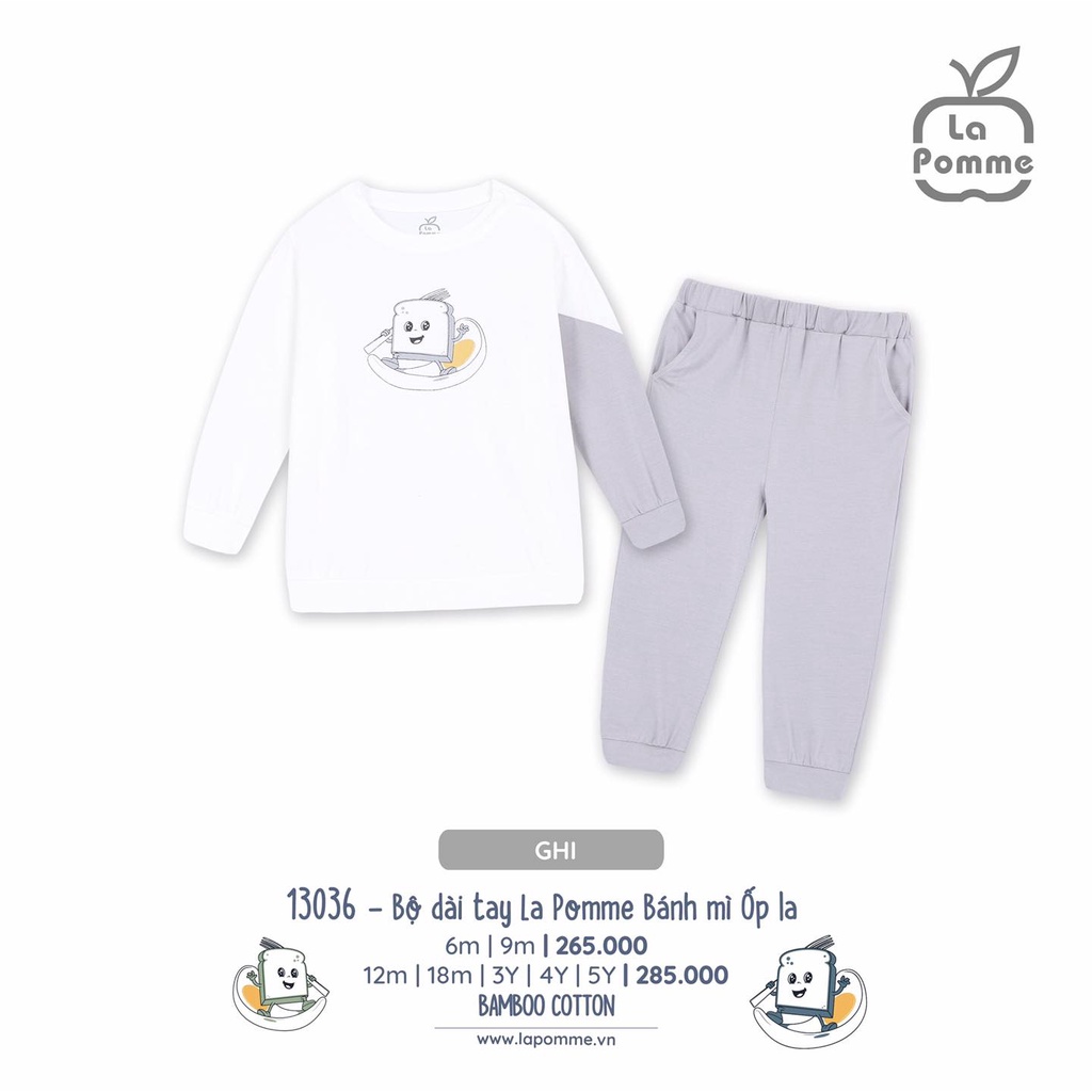 Bộ dài tay La Pomme Bamboo cao cấp mềm mịn thoáng mát thấm hút tốt in bánh mì ốp la tay phối cho bé trai bé gái 13036