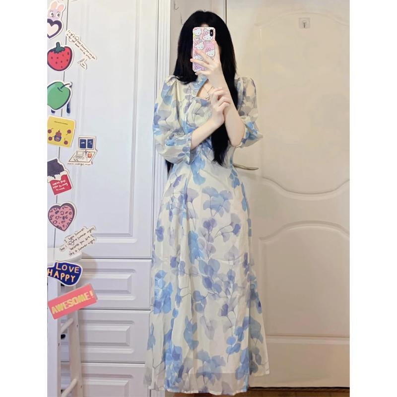 Đầm midi sườn xám vải voan tay ngắn in hoa nhẹ nhàng quyến rũ thời trang mùa hè cho nữ
