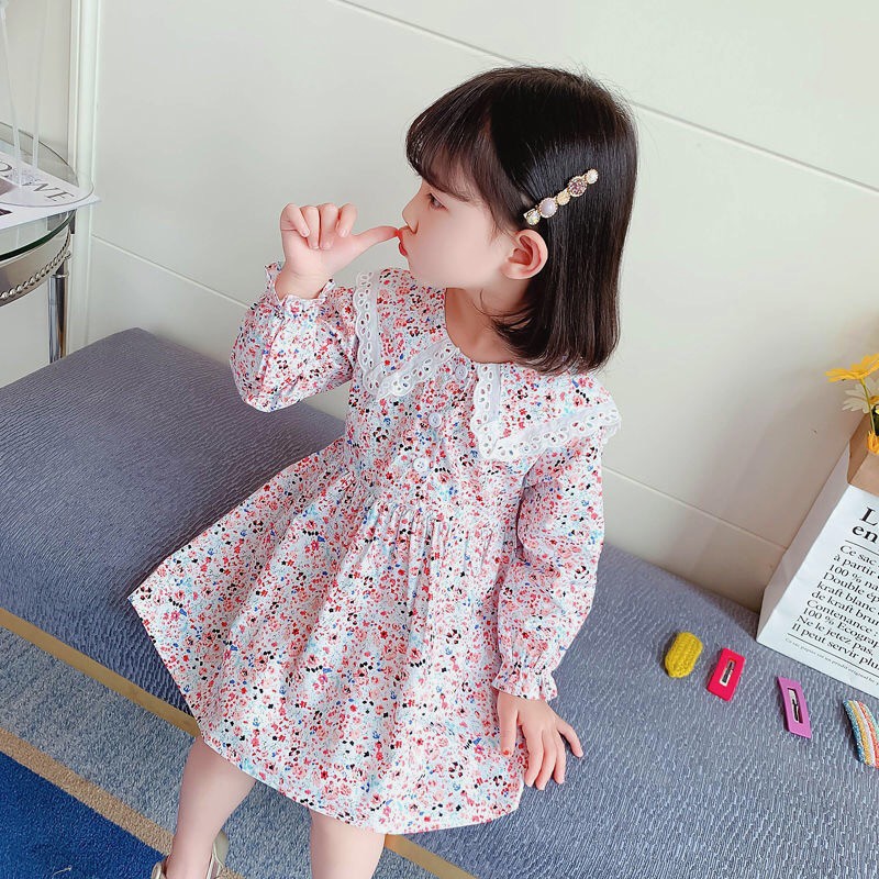 Váy hoa nhí dài tay nhiều màu phối ren cổ cho bé gái