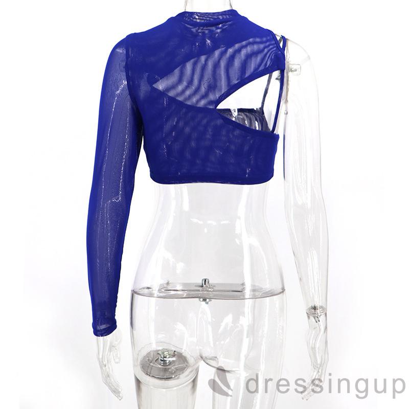 DRE-Women´s One Shoulder Short Tops, Long Sleeve Solid Color Hollow-Out Crop Tops