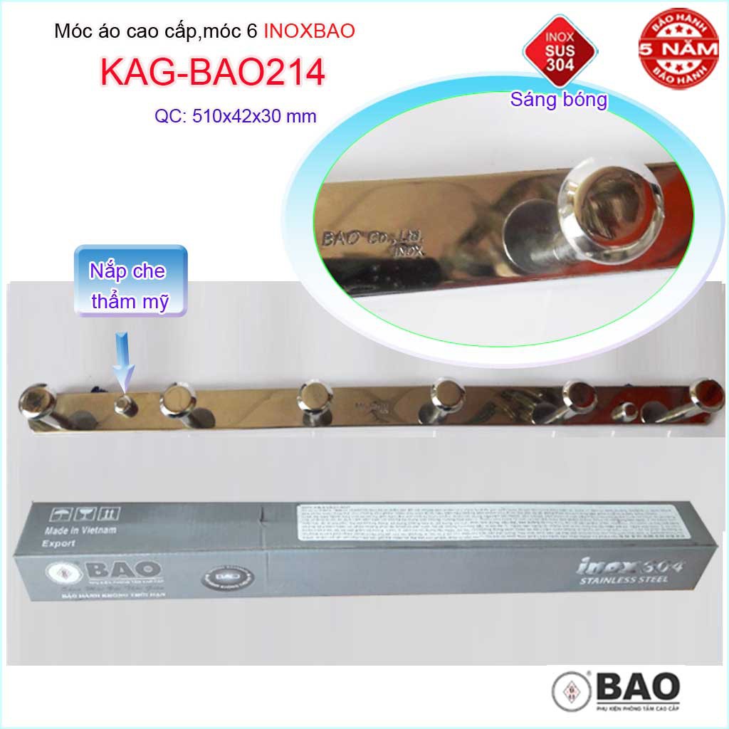 Móc 6 Inox Bảo KAG-BAO214, móc áo phòng tắm SUS304 dập sáng bóng sang trọng thiết kế tuyệt đẹp siêu bền