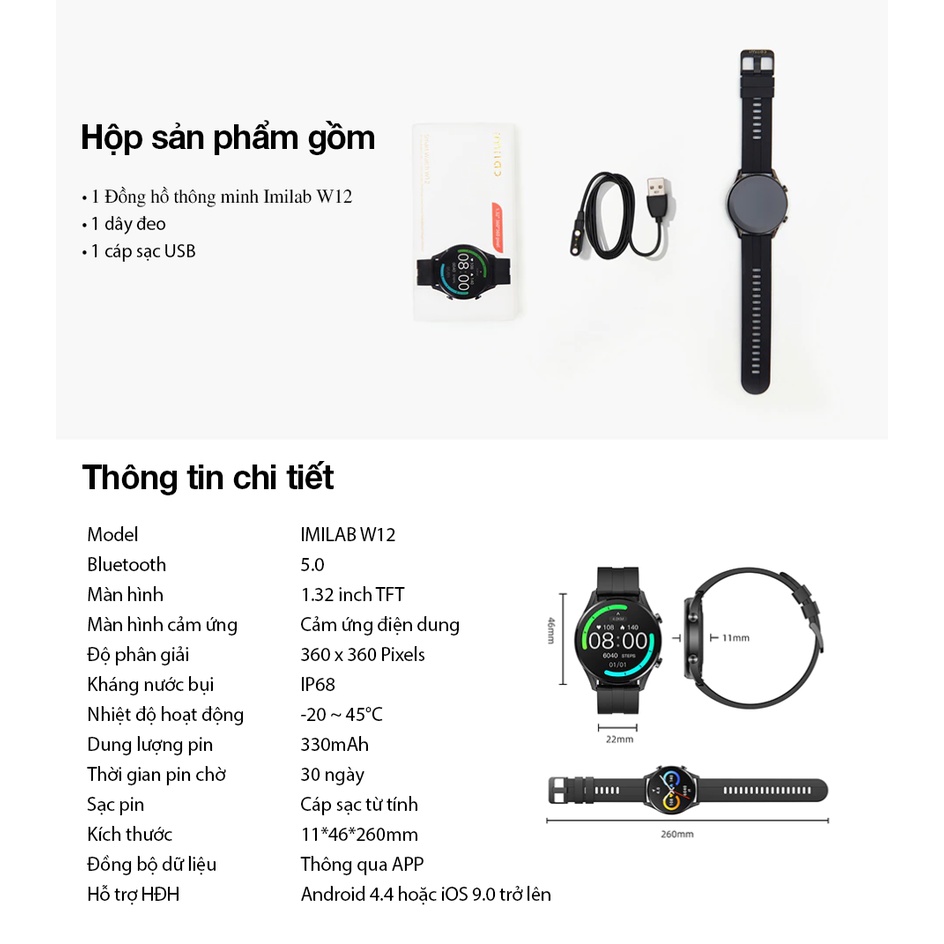 Đồng hồ thông minh Xiaomi IMILAB W12 Bản Quốc Tế đo chỉ số SpO2 và nhịp tim