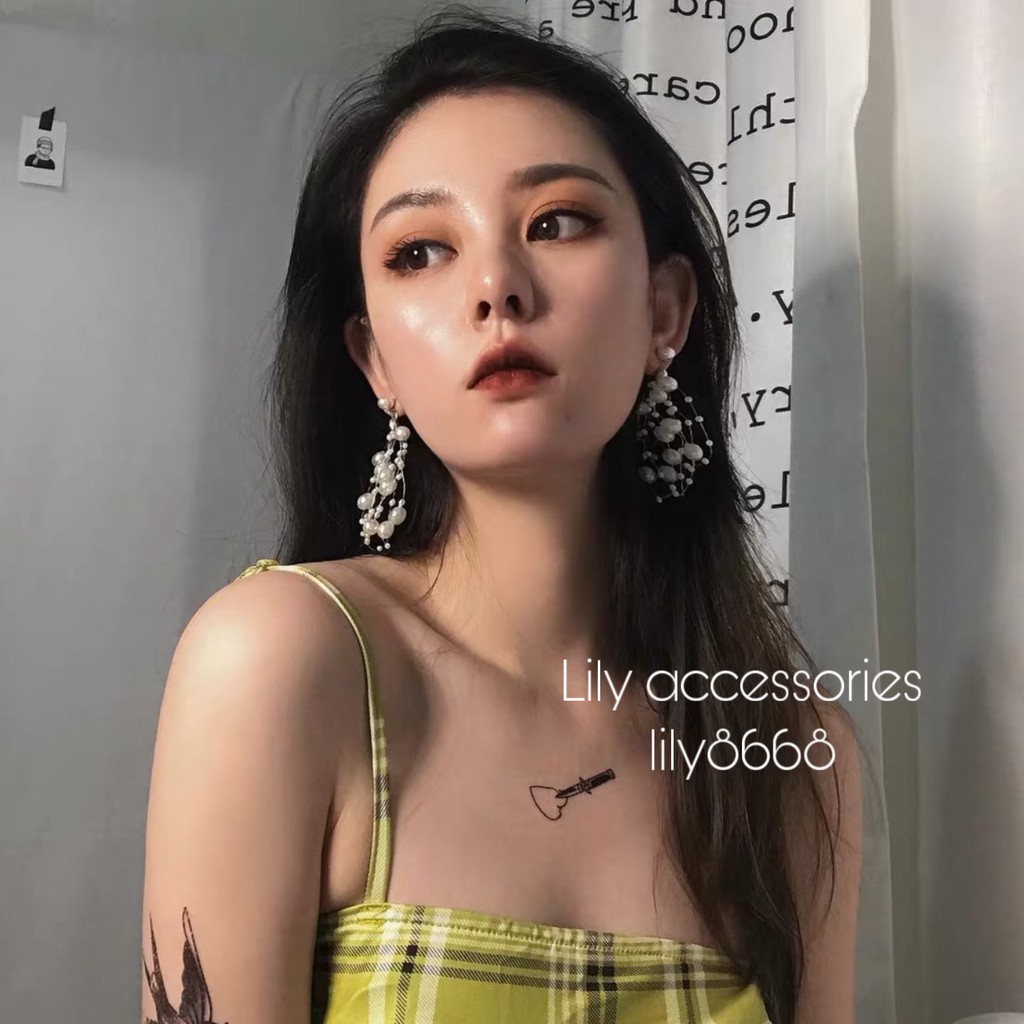 khuyên tai hoa tai ngọc trai nhân tạo tua rua dài phong cách Hàn Quốc sang chảnh