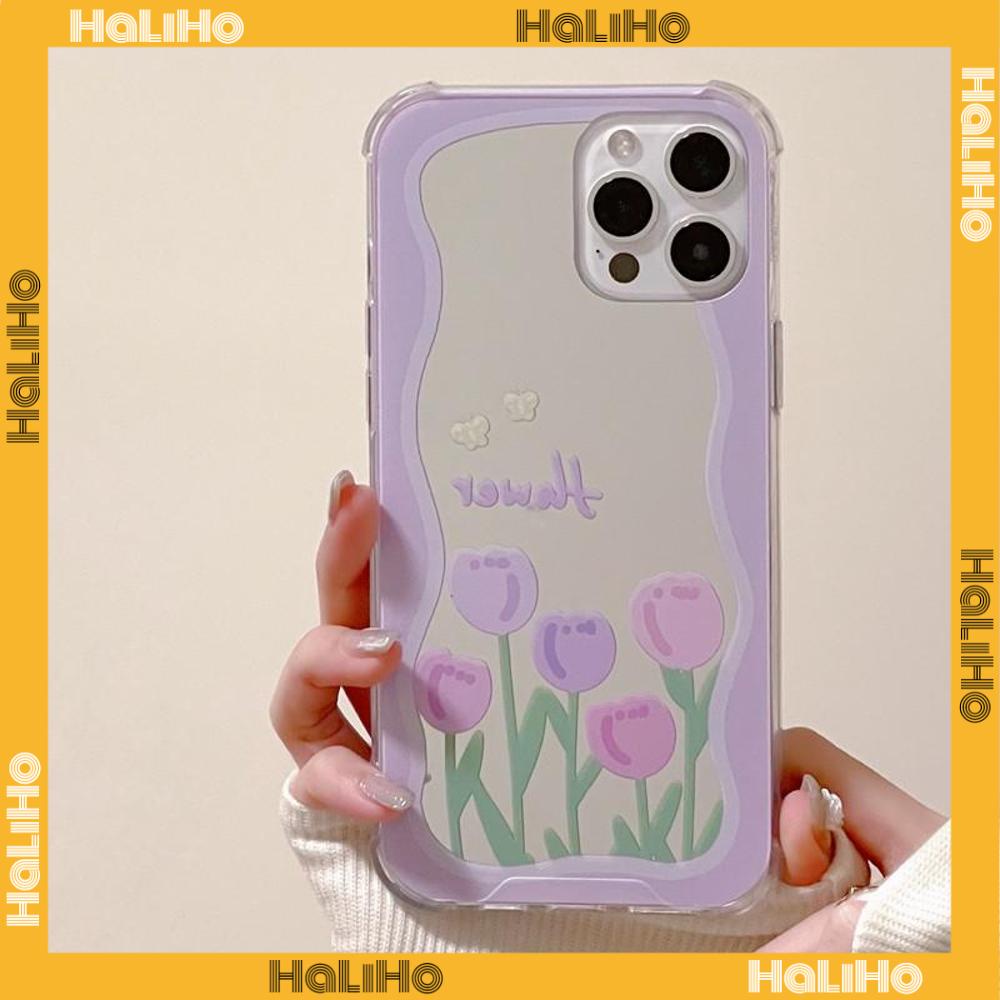 iPhone Case Acrylic HD Mirror Laser Airbag Shockproof Protection Camera Cute Purple Tulip Flowers Compatible For iPhone 11 iPhone 13 Pro Max iPhone 12 Pro Max iPhone 7 Plus xr