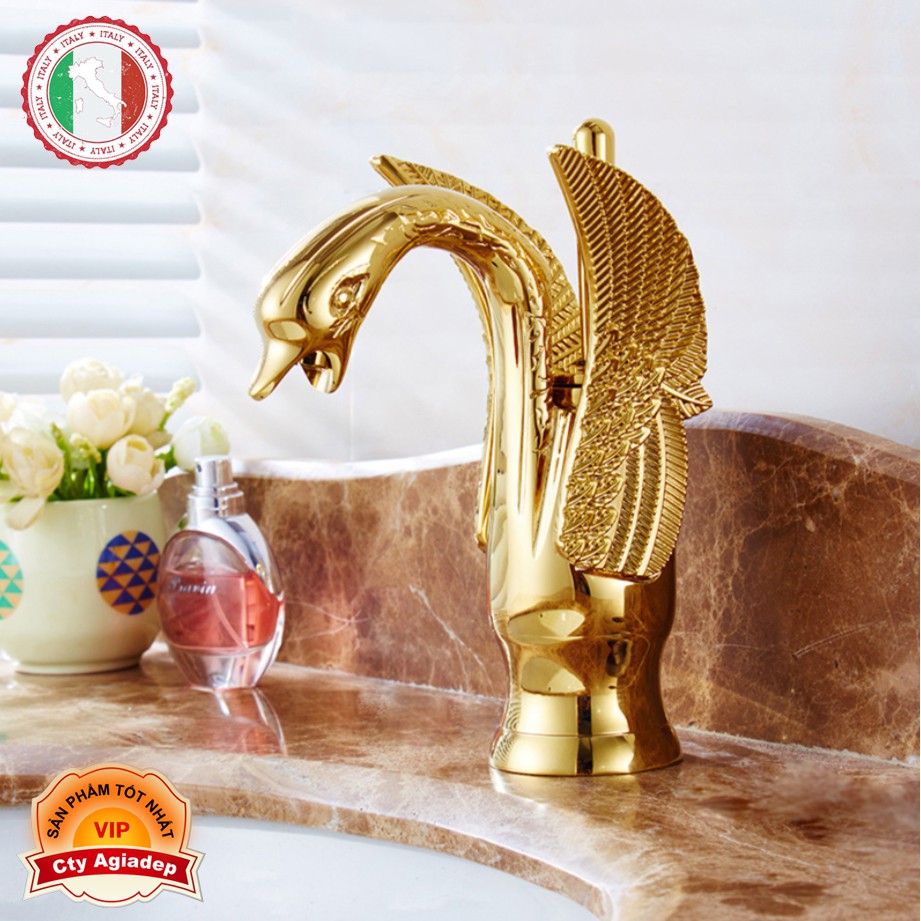 Vòi Lavabo Tân cổ điển siêu xịn ITALIA hình Thiên Nga (Chân thấp) + Đôi dây cấp